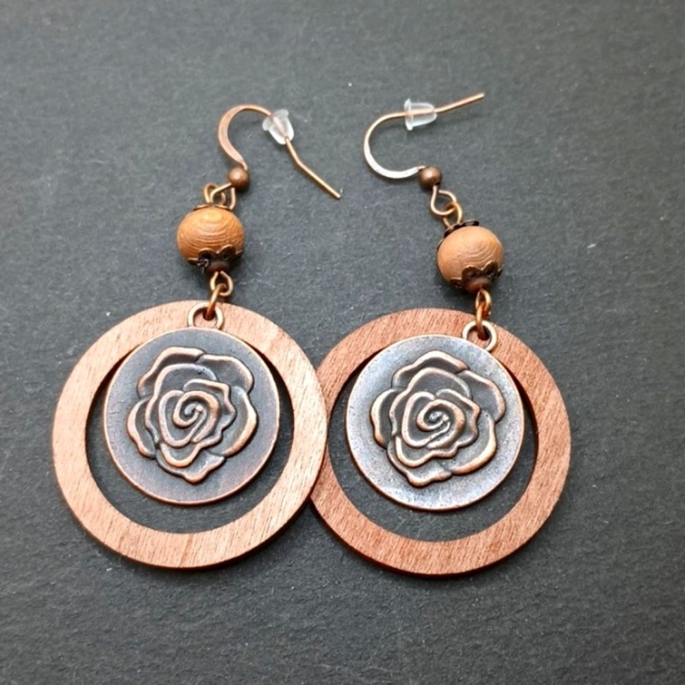 copper rose earrings wood rose engraved earrings